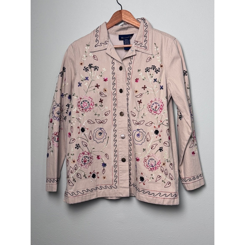 Denim & Co Embroidered Floral Button Up Utility Jacket Tan Beige Small